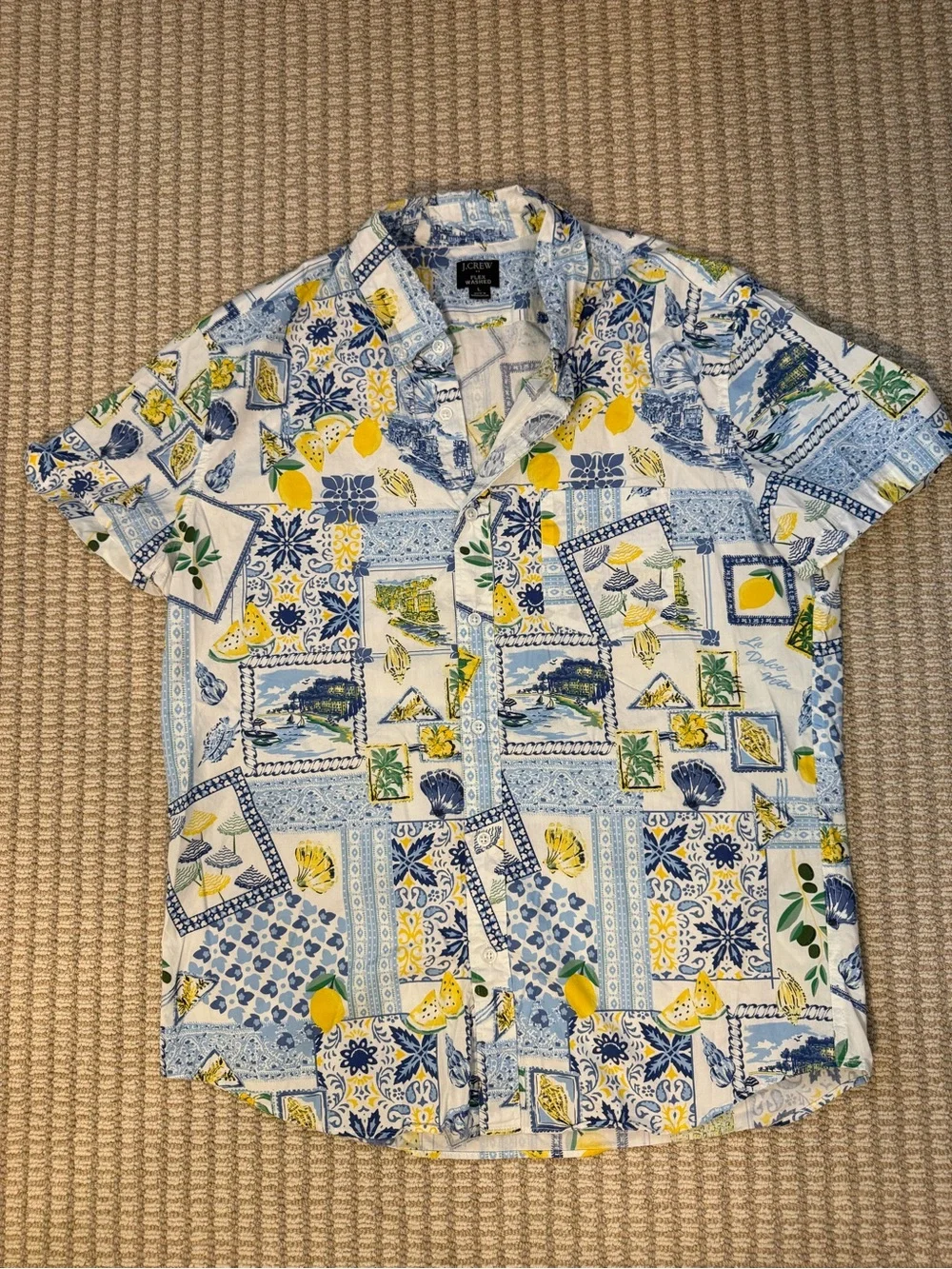 J. Crew Short-Sleeve Lemon Patchwork Camp Shirt - White/Blue/Yellow